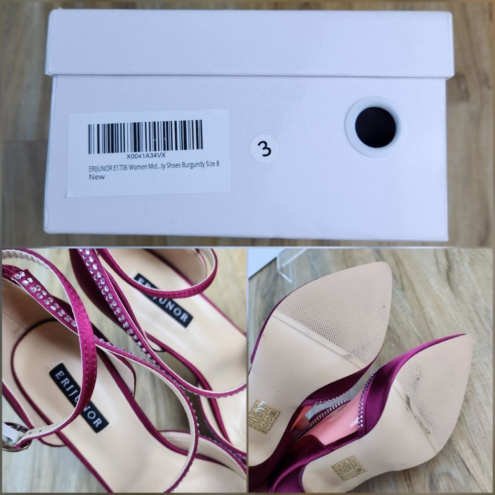 ☔️🩵Burgundy Satin & Rhinestone Buckled Ankle Strappy Heel Shoes Size 8 - Picture 12 of 15